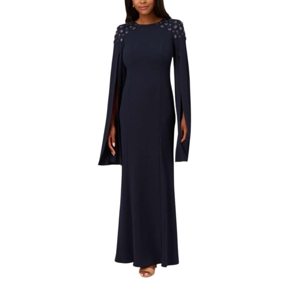 Adrianna Papell Women's Midnight Beaded Cape Sleeve Gown Size 8